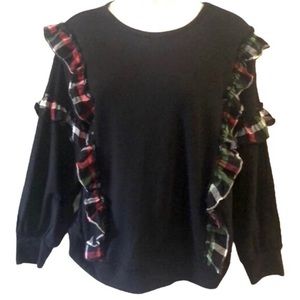 CROWN & IVY BLACK THREE QUARTER SLEEVE GREEN RED PLAID RUFFLED TOP PLUS SIZE 0X